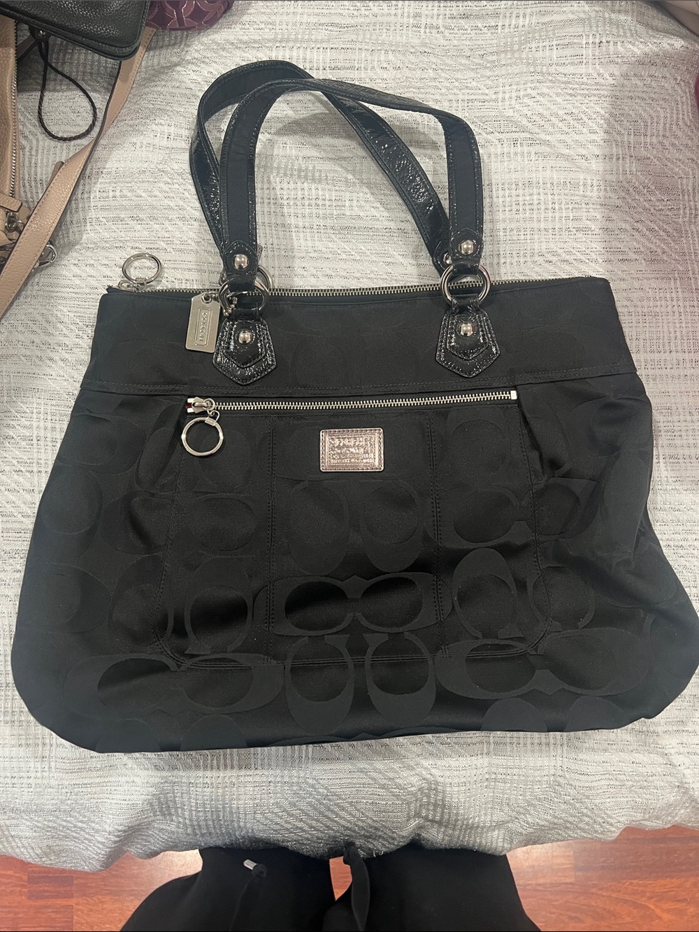 Coach Black Signature Fabric Tote with Silver Hardware
